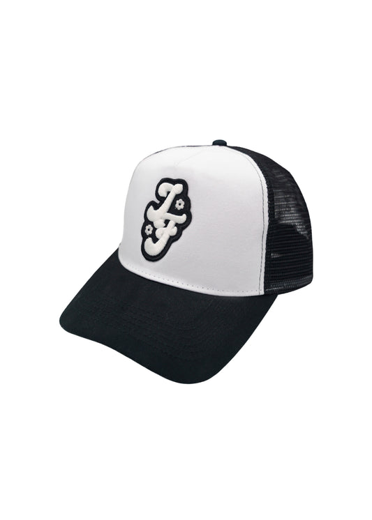 FLOWER BLACK&amp;WHITE TRUCKER HAT